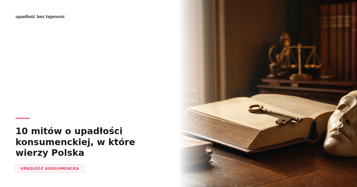 10 mitów o upadłości konsumenckiej — otwarta księga, klucz, maska